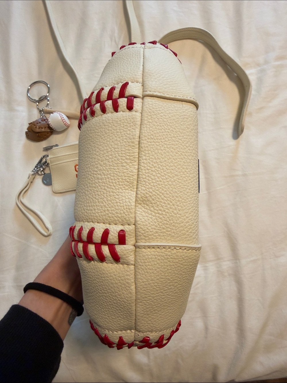 San Francisco Baseball Stitch Hobo Bag in Cream with Red Stitching - Picture 4 of 11